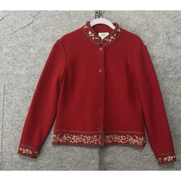 Talbots‎ Wool Cardigan Sz Med Petite Red Embroidered Embellished Elegant - Picture 1 of 9